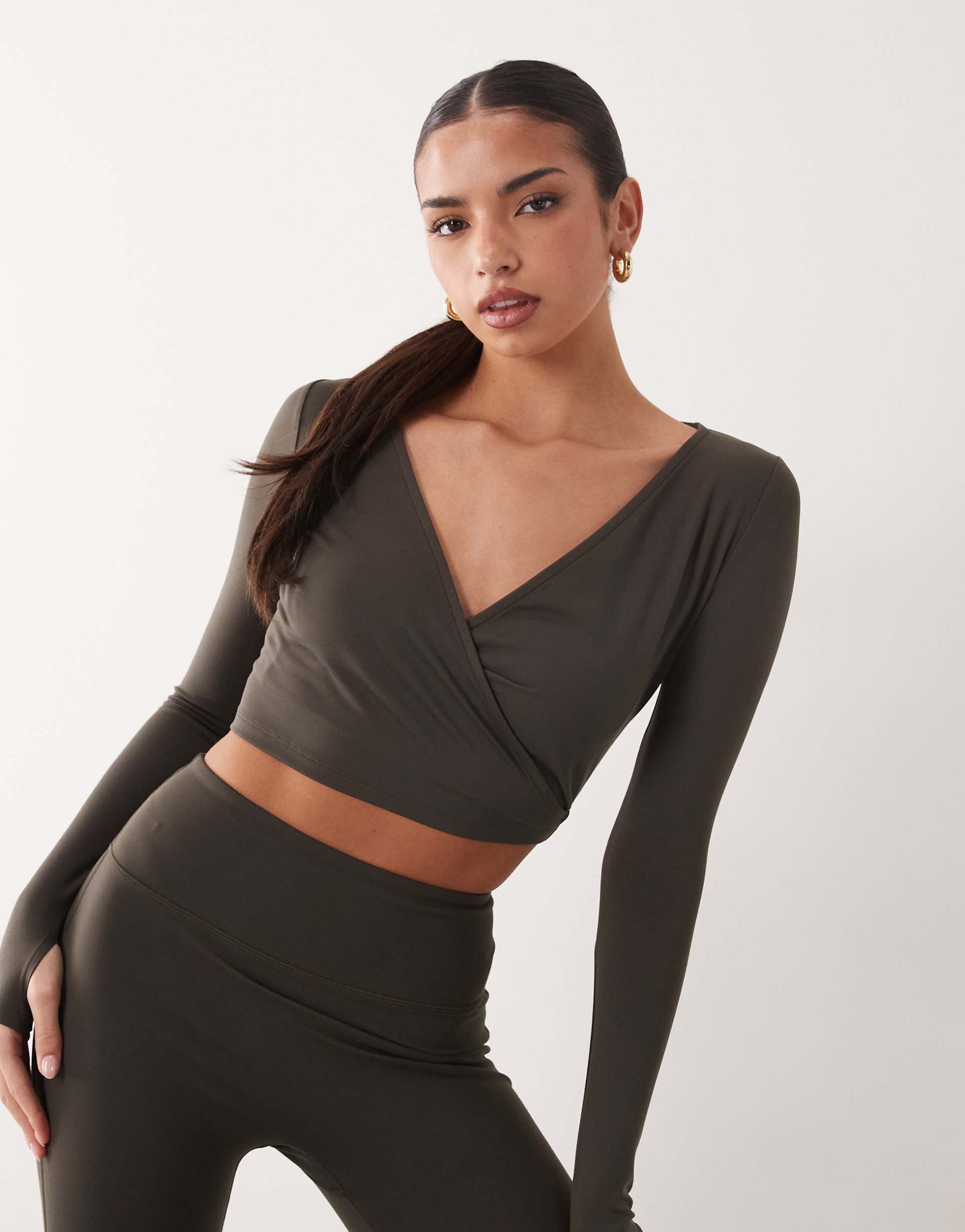 4505 soft touch ballet wrap long sleeve top in mocha