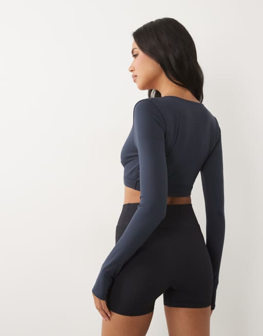 4505 soft touch cross front long sleeve cropped top in midnight navy, 3 of 4