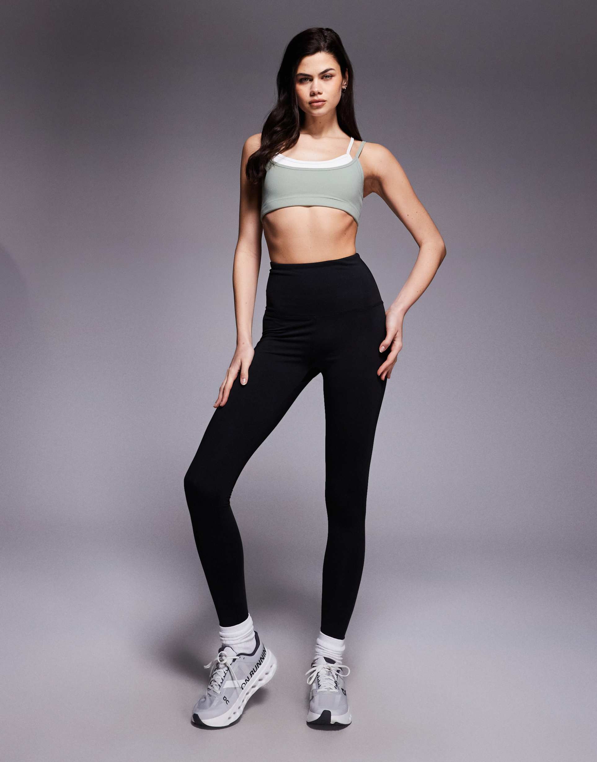 4505 soft touch double layer strappy sports bra with removable padding and adjustable straps in pistachio & buttermilk