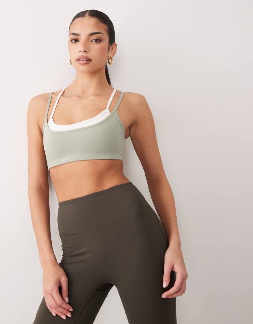 4505 soft touch double layer strappy sports bra with removable padding and adjustable straps in pistachio & buttermilk, 4 of 4