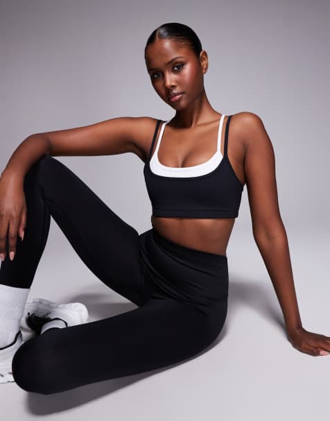 4505 soft touch double layer strappy sports bra with removable padding in black and white - view 1