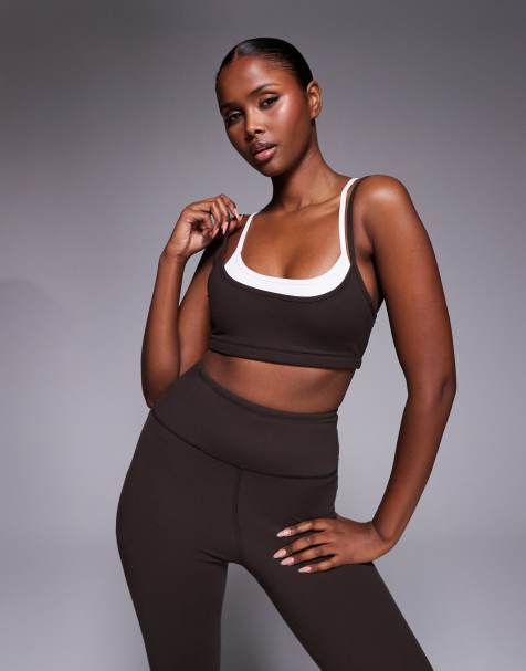4505 soft touch double layer strappy sports bra with removable padding in chocolate and white