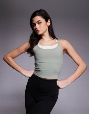4505 Soft Touch Double Layer Strappy Tank Top With Removable Padding And Adjustable Straps In Green
