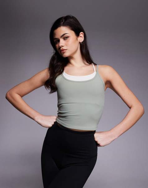 4505 soft touch double layer strappy tank with removable padding and adjustable straps in pistachio & buttermilk