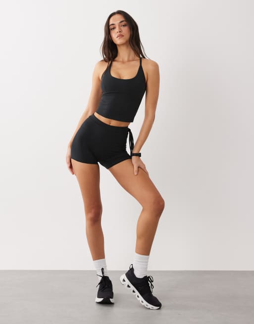 4505 soft touch high waist 3 inch booty short with tie waist detail in black, 2 of 5