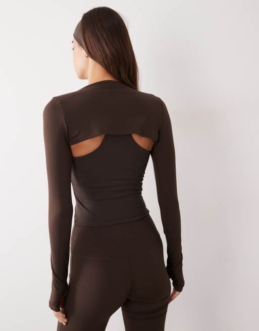 4505 soft touch layering long sleeve shrug in chocolate, 3 of 4