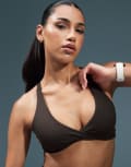 [ASOS] 4505 soft touch light support twist front sports bra in coffee-Brown L Coffee