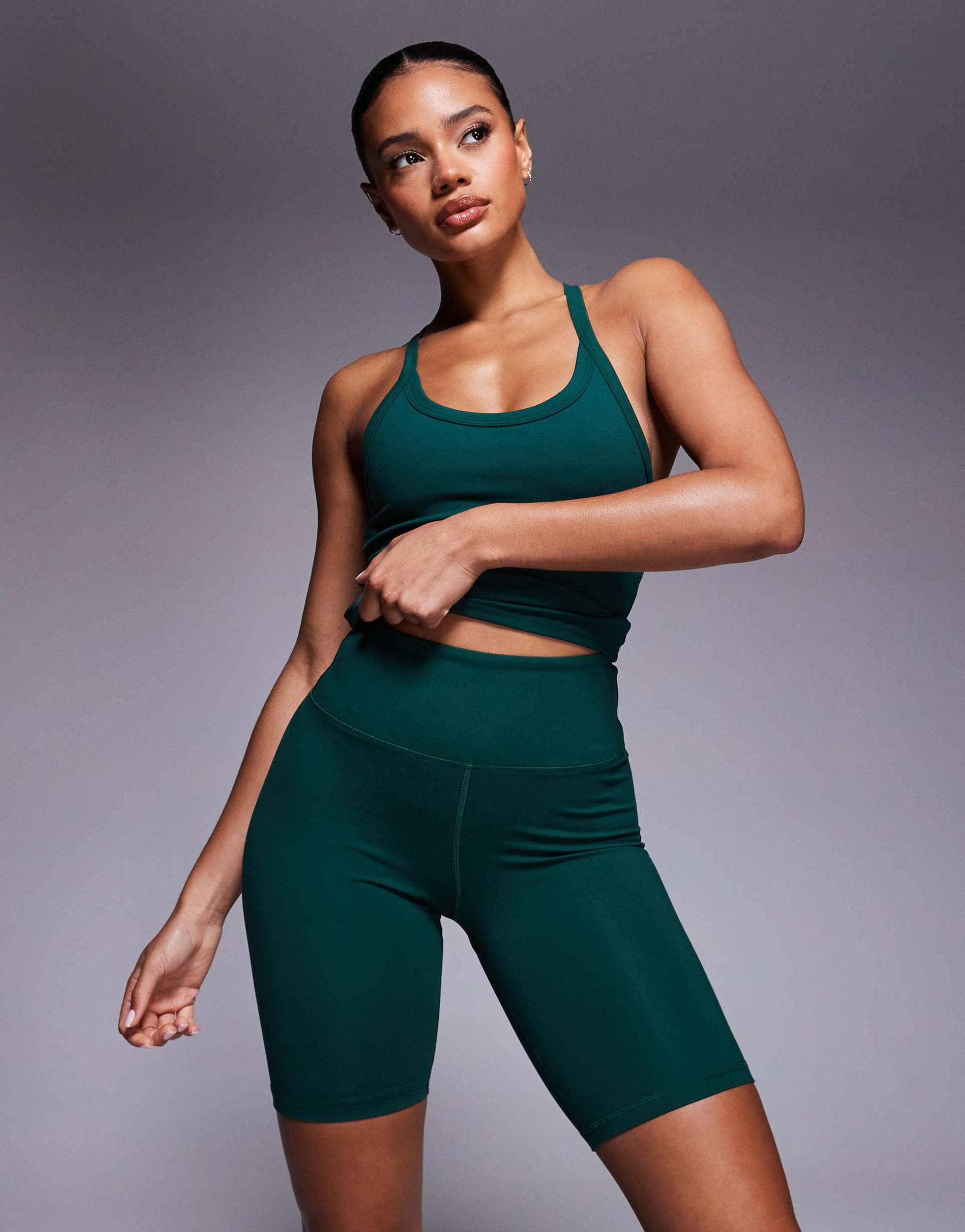 4505 soft touch minimal seam high waist 8 inch legging shorts in charcoal green