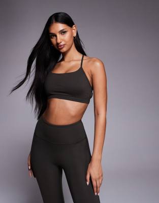 4505 soft touch open back light support sports bra with removable padding in mocha brown