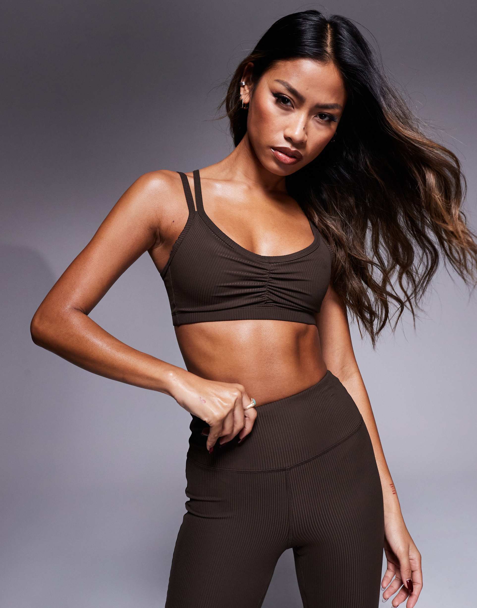 4505 soft touch rib knit light support sports bra in truffle