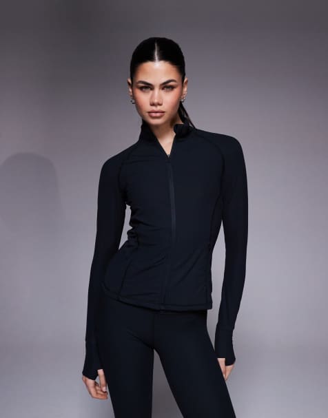 4505 soft touch rib sculpting zip up long sleeve jacket in black