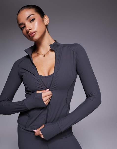 4505 soft touch rib sculpting zip up long sleeve jacket in dark grey - view 1