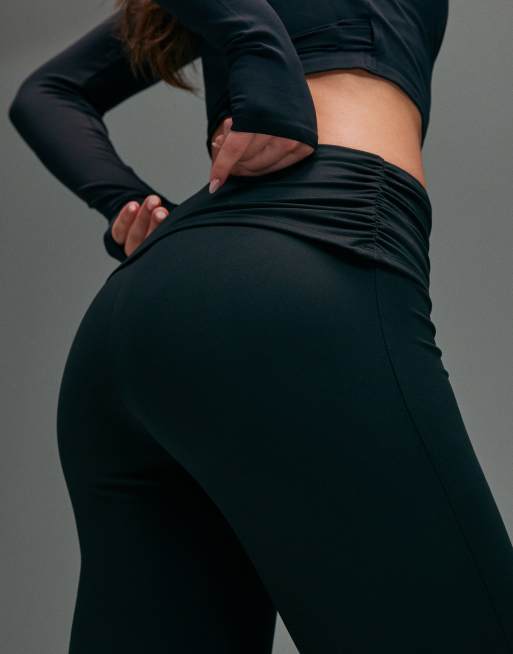 4505 soft touch ruched foldover waist slim kick yoga legging in black, 2 of 5