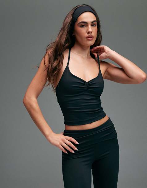 4505 soft touch ruched front yoga cami top in black - view 1