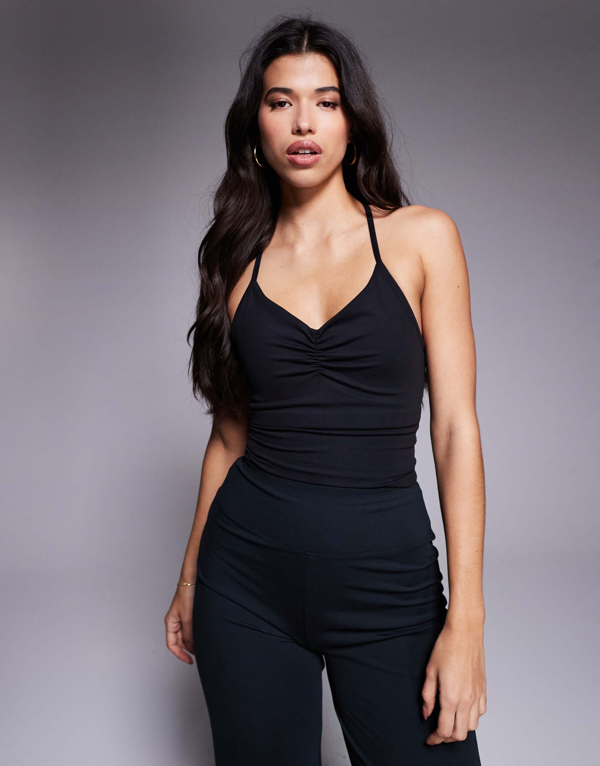 4505 soft touch ruched front yoga cami top with shelf bra in black