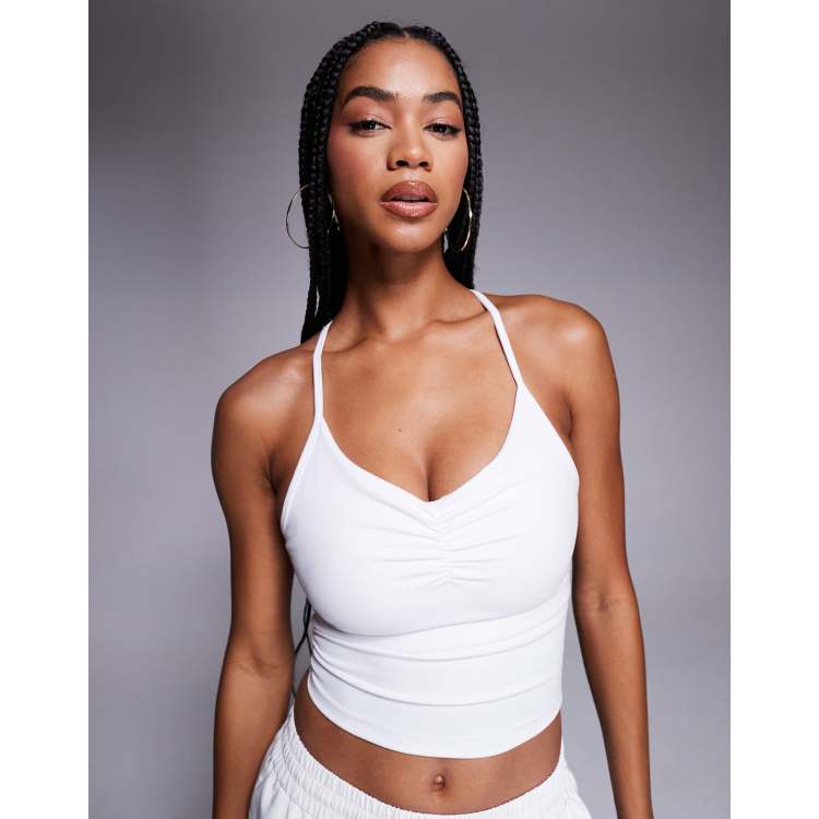 4505 soft touch ruched front yoga cami top with shelf bra in white
