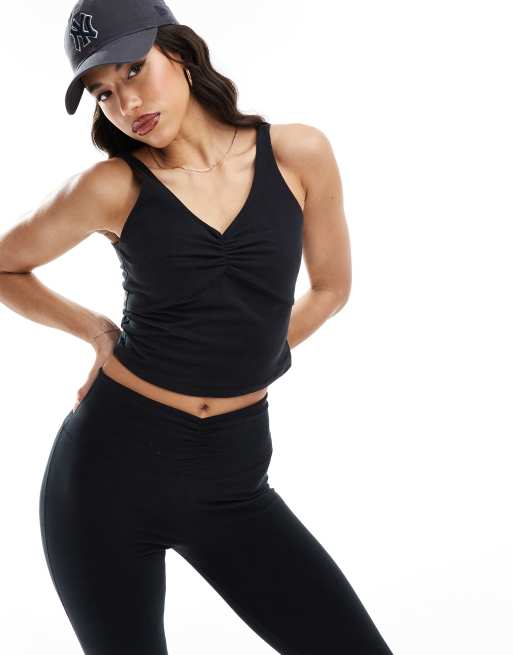 4505 soft touch singlet top with ruched front and inner bra in black 