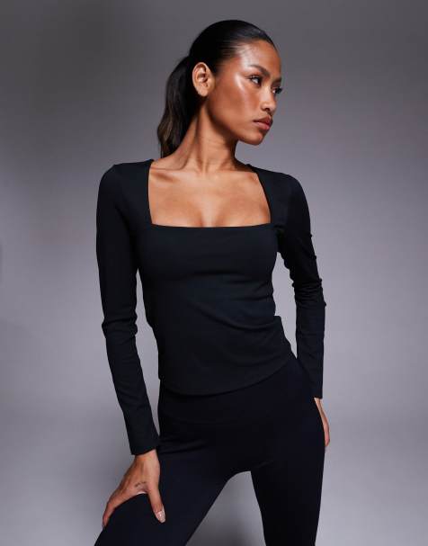 4505 soft touch square neck long sleeve top in black - view 1