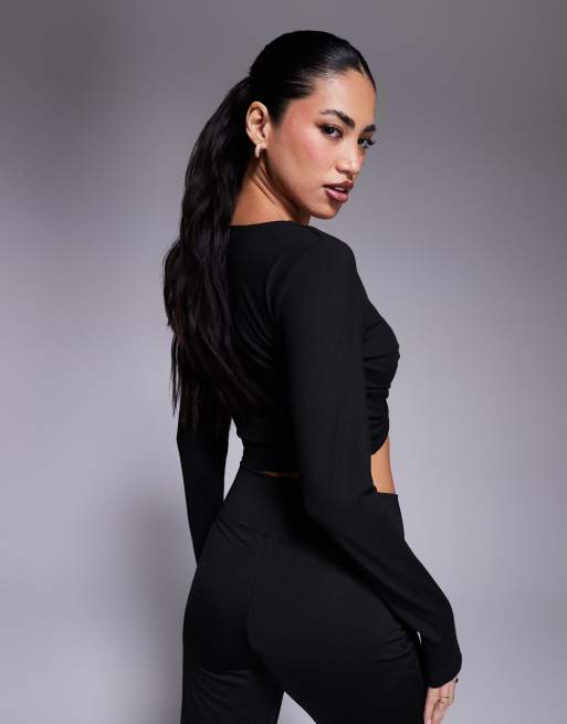 4505 soft touch twist front long sleeve cropped t-shirt in black