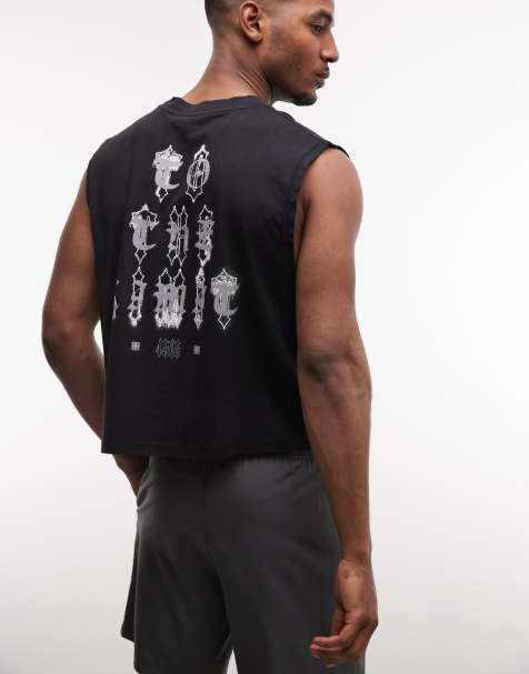 4505 - Sort forvasket tanktop i kraftigt hurtigttørrende bomuld med grafik på ryggen og cropped snit - view 1