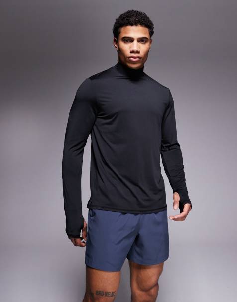 4505 - Sort hurtigttørrende løbe-T-shirt med ståkrave og lange ærmer i regular fit - view 1