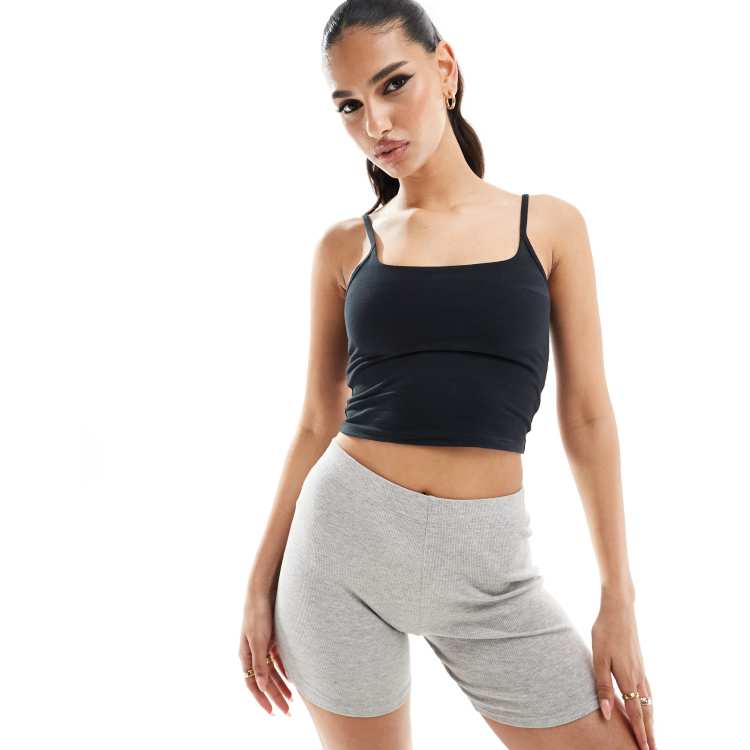 4505 spaghetti strap soft touch tank top with shelf bra in black