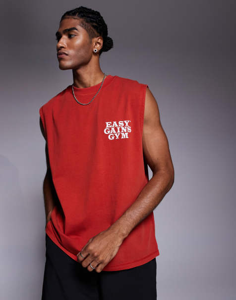 4505 – Sport-Tanktop aus Baumwolle in verwaschenem Rot mit Oversize-Schnitt, Grafik auf der Brust und schnelltrocknendem Finish - view 1