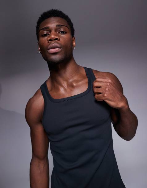 4505 square neck slim fit active rib training vest in black - view 1