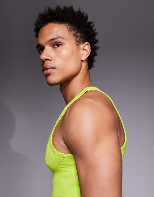 4505 square neck slim fit seamless rib knit training tank top in acid green