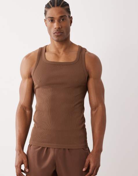 4505 square neck slim fit seamless rib training vest in brown - view 1