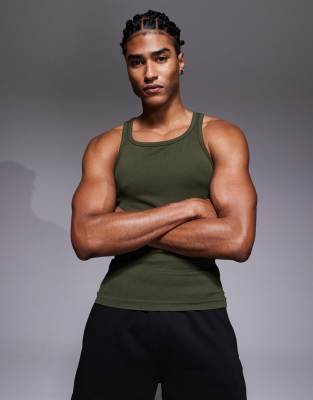 4505 4505 square neck slim fit seamless rib training vest in khaki-Green