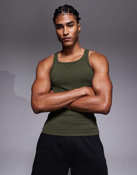 4505 square neck slim fit seamless rib training vest in khaki - view 1