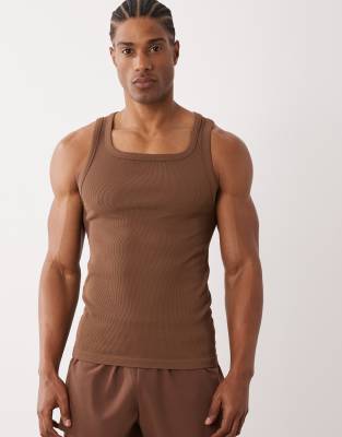 4505 Square Neck Slim Fit Seamless Ribbed Training Tank In Brown