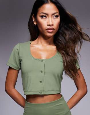 4505 Studio soft touch active short sleeve cardigan in khaki green