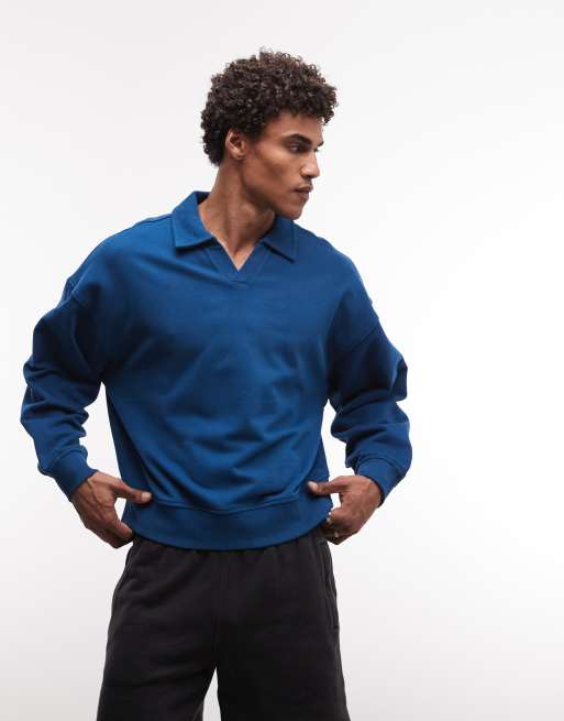 4505- Sudadera azul intenso extragrande con cuello tipo polo y acabado de secado rápido de algodón