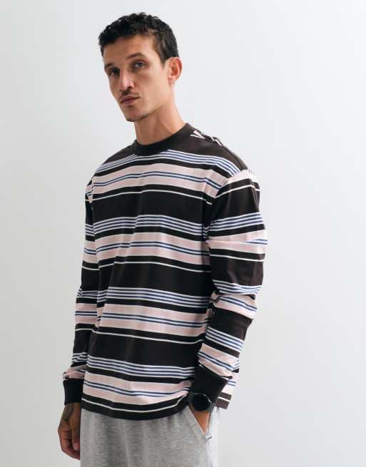 4505 t-shirt a maniche lunghe oversize in cotone pesante con finitura quick dry a righe marroni, 3 di 5