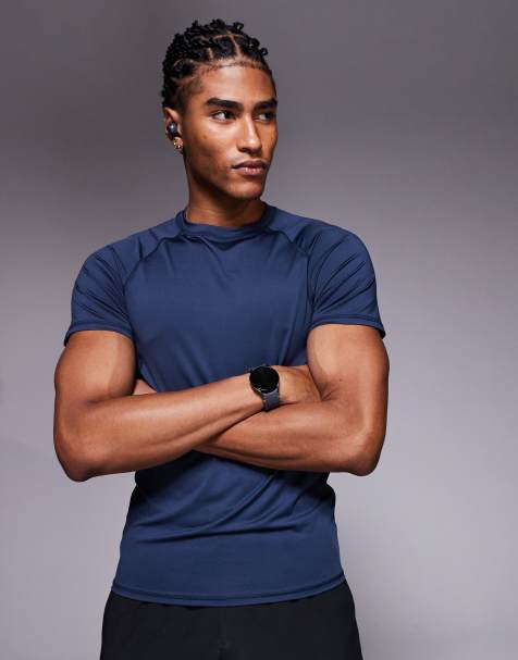 4505 - T-shirt base layer da allenamento attillata con cuciture a vista in tessuto quick dry blu navy - view 1