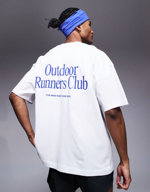 4505 - T-shirt coupe carrée oversize en coton à séchage rapide avec imprimé Outdoor Runners au dos - Blanc
