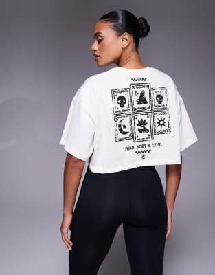 4505 - T-shirt crop top coupe carrée de yoga en coton épais à séchage rapide avec imprimé au dos - Blanc vintage
