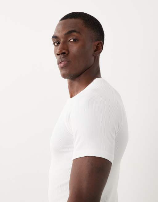 4505 - T-shirt da allenamento bianca a coste senza cuciture con scollo serafino, 5 di 5