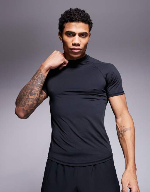 4505 - T-shirt da allenamento nera aderente ad asciugatura rapida con collo alto 