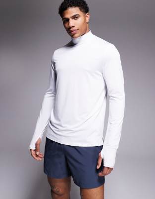 4505 - T-shirt De Course Standard à Manches Longues Et Col Montant En Tissu A Sechage Rapide Blanc