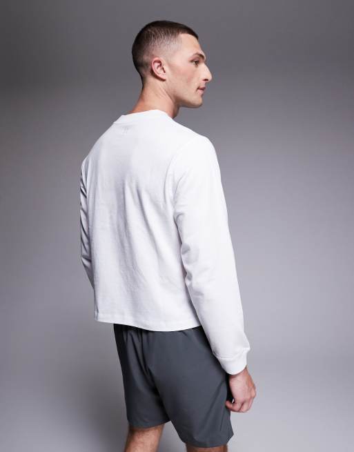 4505 - T-shirt de musculation court en coton à séchage rapide avec manches longues - Blanc, 3 de 5