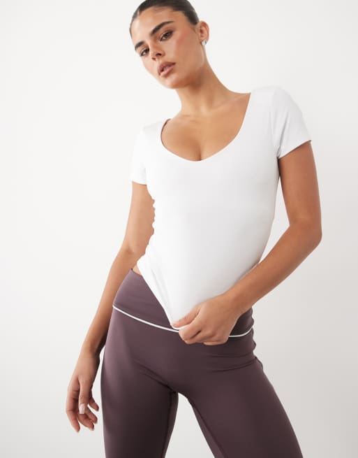 4505 - T-shirt de sport effet rétréci à col V et brassière intégrée - Blanc, 2 de 4