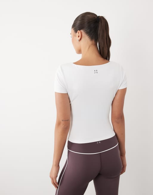 4505 - T-shirt de sport effet rétréci à col V et brassière intégrée - Blanc, 3 de 4