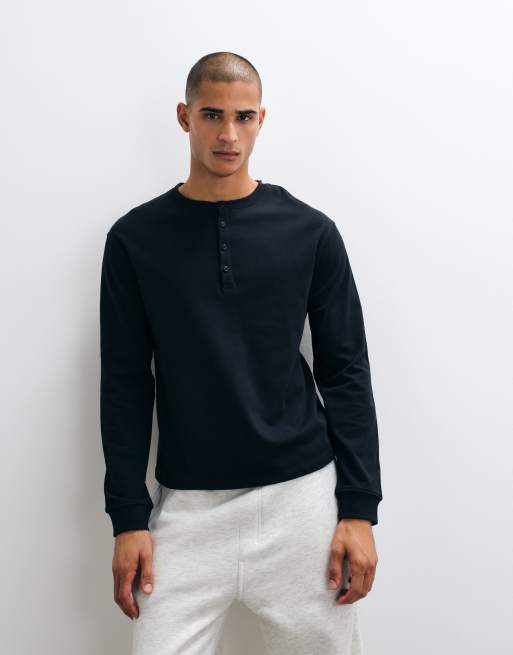 4505 t-shirt Henley à manches longues en coton épais, coupe boxy, avec finition à séchage rapide, noir, 3 de 5
