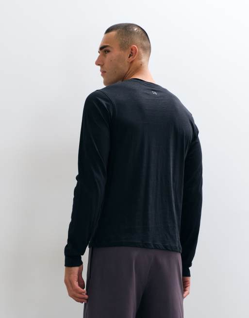 4505 t-shirt henley à manches longues en coton léger slub noir, 5 de 5