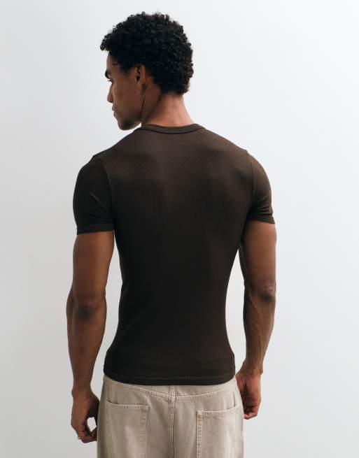 4505 T-shirt henley d’entraînement sans coutures à côtes, coupe moulante, marron, 5 de 5