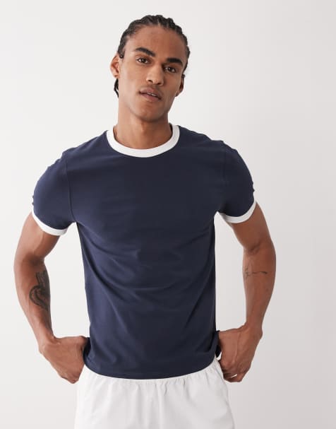4505 - T-shirt moulant effet rétréci en coton à séchage rapide avec bords contrastants - Bleu marine - view 1