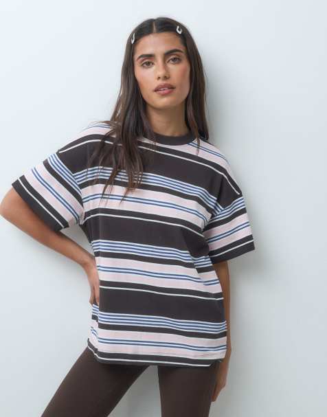 4505 t-shirt oversize en coton épais à rayures rose et marron - view 1